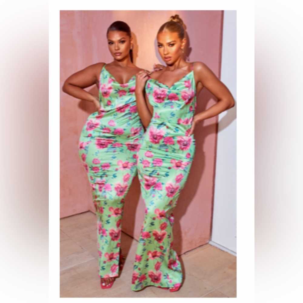 PLT Plus Size Floral Strappy Satin Cowl Maxi Dress
